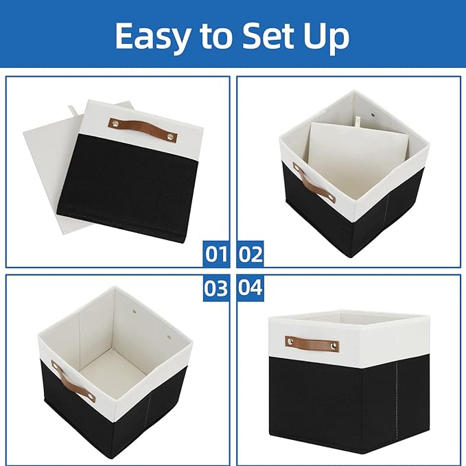 Temary 11 inch Cube Storage Bin 4 Pack Fabric Storage Cubes for Home, Fabric Storage Bin Storage Cube Bins with Leather Handles(White&Black)