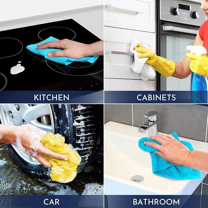 GLIMGLINT Microfiber Cleaning Cloth, 150 Pack Cleaning Rags, Cleaning Towels with 3 Color Assorted, Shop Towels 14"X12"(Yellow/White/Blue)