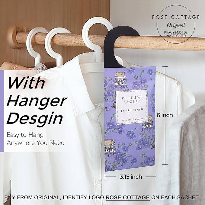 ROSE COTTAGE Large 12 Packs Fresh Linen Hanging Closet Deodorizer Air Freshener Long Lasting Scented Sachets Smell Goods for House