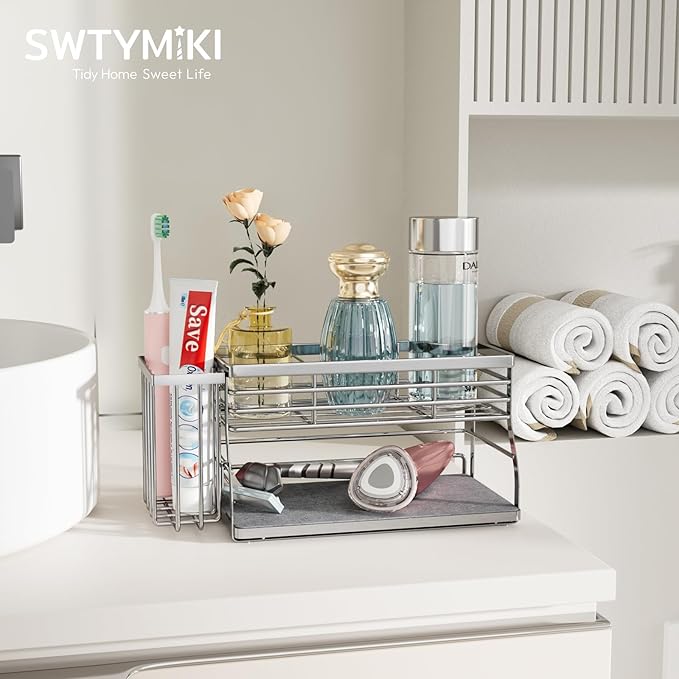 SWTYMIKI Kitchen Sink Caddy Organizer, 2 Tier Sponge Holder for Kitchen Sink with Instant Drying Stone, Removable Brush Holder for Fast Drying on Countertop, Silver