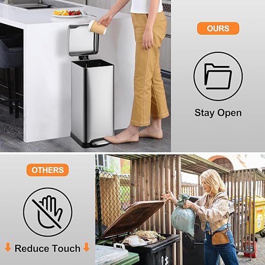 TrailBlaze 8Gallon / 30L Kitchen Trash Can, Stainless Steel Rectangular Pedal Recycle Bin with Soft-Close Lid, Removable Inner Bucket, Fingerprint-Proof, Step Trash Can for Home, Kitchen