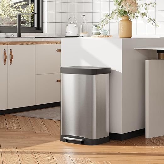 WLIVE 55 Liter Gallon Trash Can with Soft-Close Lid, 14.5 Gallon Brushed Stainless Steel Garbage Can, Kitchen Trash Can with Hands-Free Step, Integrated Bag Ring, Silver