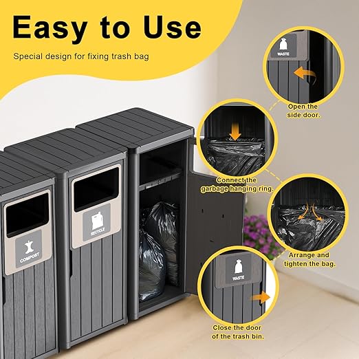 Outdoor Three Barrel Trash Can,Waterproof Resin Garbage Can with Garbage Labels,Durable Waste Bin for Porch, Backyard,Kitchen,for 30 to 39 Gallon Trash Bags