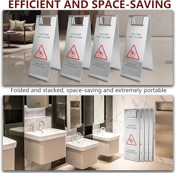 4 Pcs Stainless Steel Wet Floor Caution Sign, 24 Inch Portable Handle Bilingual Signaboard, Commercial Use Foldable Wet Floor Sign for Kitchen, Restaurant, Shop, Silver