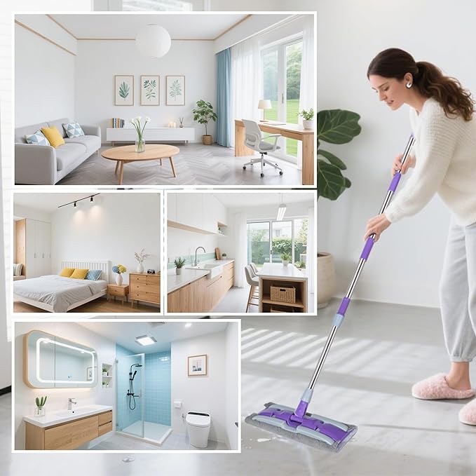 ITTAHO Microfiber Flat Mop Floor Cleaning System,Wet & Dry Dust Mopping with Stainless Steel Telescopic Handle,4 Reusable Mop Pads , Mops for Home,Laminate,Tile,Hardwoods Cleaning (Purple)