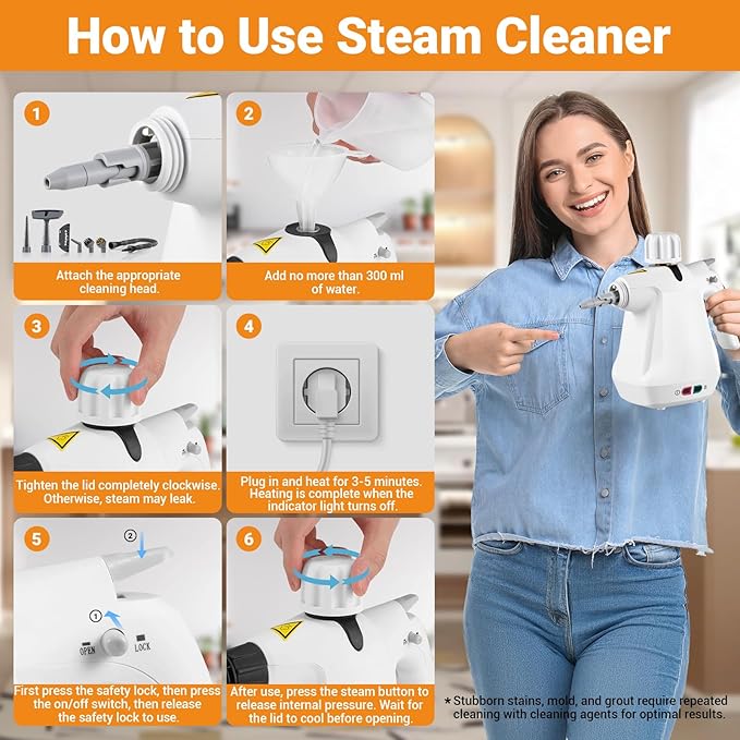 Pressurized Handheld Steam Cleaner with 11 pcs Accessories and Safety Lock, Multipurpose Steam Cleaner for Home, Portable Steamer for Cleaning Kitchen, Bathroom, Car, Floor, Furniture, Grout, Couch