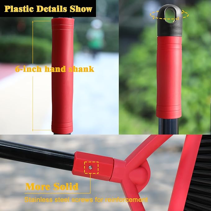 Heavy Duty Commercial Broom, Upgraded Angle Brooms for Sweeping Indoor and Outdoor, Perfect Red Broom of Kitchen, Garage, Industrial and Courtyard