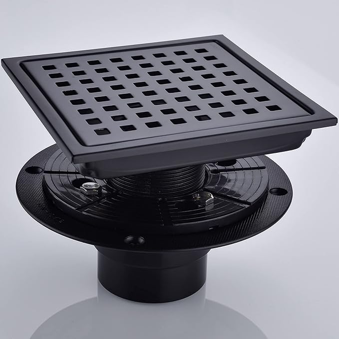 RANDOM Square Shower Drain 6 Inch Matte Black Stainless Steel Shower Floor Drain Kit with Adjustable PVC Base Flange, Removable Grid Grate, Hair Strainer