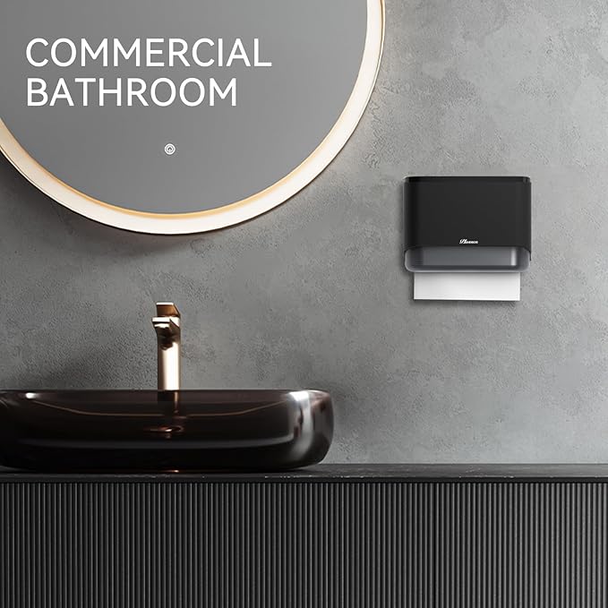 Commercial Paper Towel Dispenser Wall Mount C-Fold Multifold Trifold Towels Dispenser for Bathroom，Two Key Lock Design No-Drilling Adhesive & Screws Included, ABS Built (Black-PN6012)