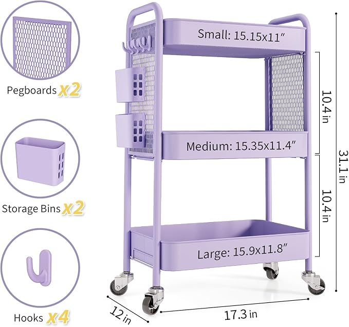 TOOLF 3 Tier Rolling Cart Storage Organizer, Metal Rolling Utility Cart with Wheels, Hooks & Bins Esthetician Craft Art Sturdy Storage with Pegboard for Bathroom, Kitchen, Office, Nursery Diaper