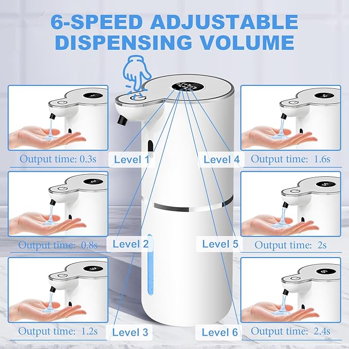 Automatic Liquid Soap Dispenser,6 Level Adjustable Liquid, Wall Mount Soap Dispenser,USB Rechargeable with LED Display,12.8oz/ 380ml Touchless Hand & Dish Dispenser for Bathroom, Kitchen