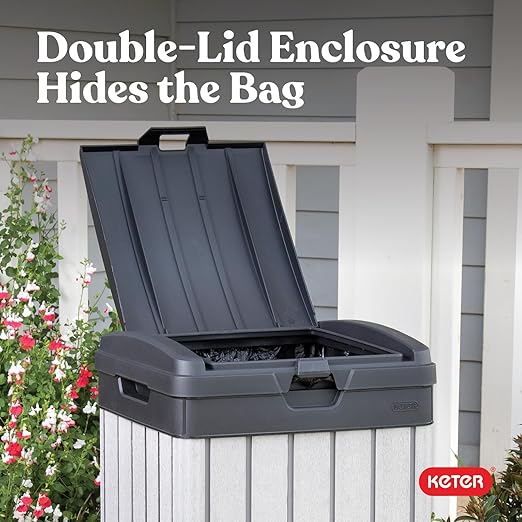 Keter Rockford Resin 38 Gallon Outdoor Kitchen Trash Can with Lid and Drip Tray for Easy Cleaning-Perfect for Patio Dining, Grey