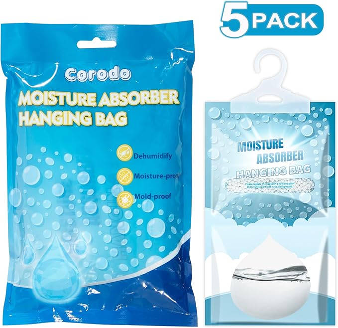 5 Pack Hanging Moisture Absorbers - Fagrance Free Dehumidifier Bags, 8.11 OZ, Removes Moisture & Odors, Humidity Absorber Packs for Closet Bedroom Kitchen