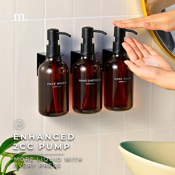 MaisoNovo Shampoo and Conditioner Dispenser - Shower Soap Dispenser Wall Mounted - 16.9 fl oz Set of 3 Amber Plastic Bottles Black Pump - 3 Chamber No Drill