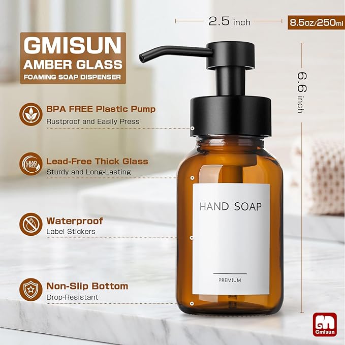 GMISUN Amber Foam Soap Dispenser, 8.5 Fl oz Amber Glass Foaming Hand Soap Dispenser for Bathroom & Kitchen, 2 Pcs Modern Refillable Foaming Soap Dispensers, Foam Pump Bottle with Label & Silicone Boot