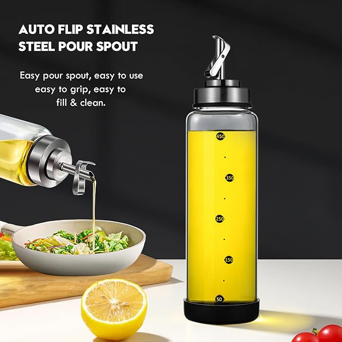 Glass Olive Oil Dispenser Bottle for Kitchen Shatterproof & Leakproof Oil and Vinegar Dispenser Set with Stainless Steel Spout & Rubber Bottom 17 oz Olive Oil Bottle for Cooking, Set of 2