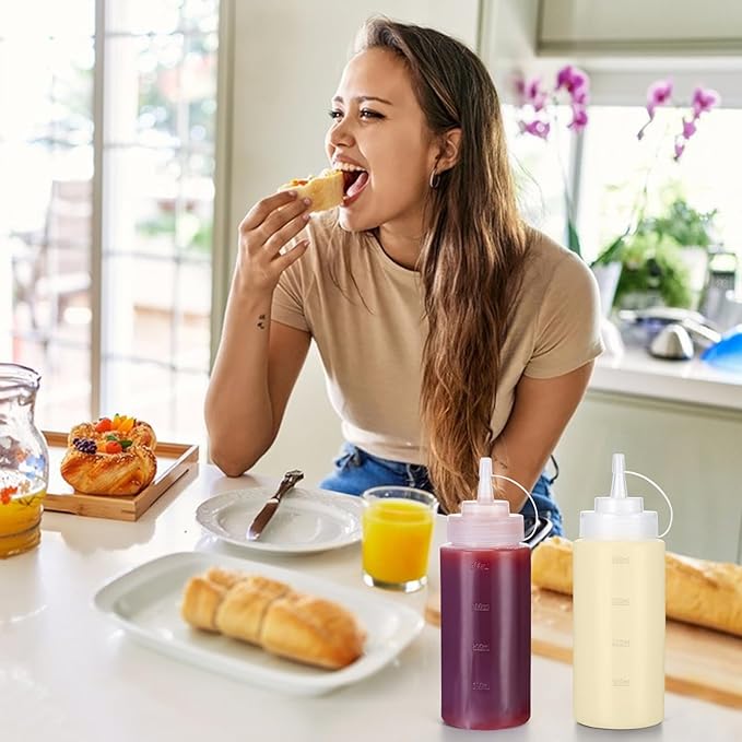 Condiment Squeeze Bottles Ketchup Dispenser, 6 Pack 16oz Squeeze Bottles for Liquids, Plastic Sauce Bottle with Cap Lid, Squirt Bottles for Sauces Liquids BBQ Dressing Pancake Art