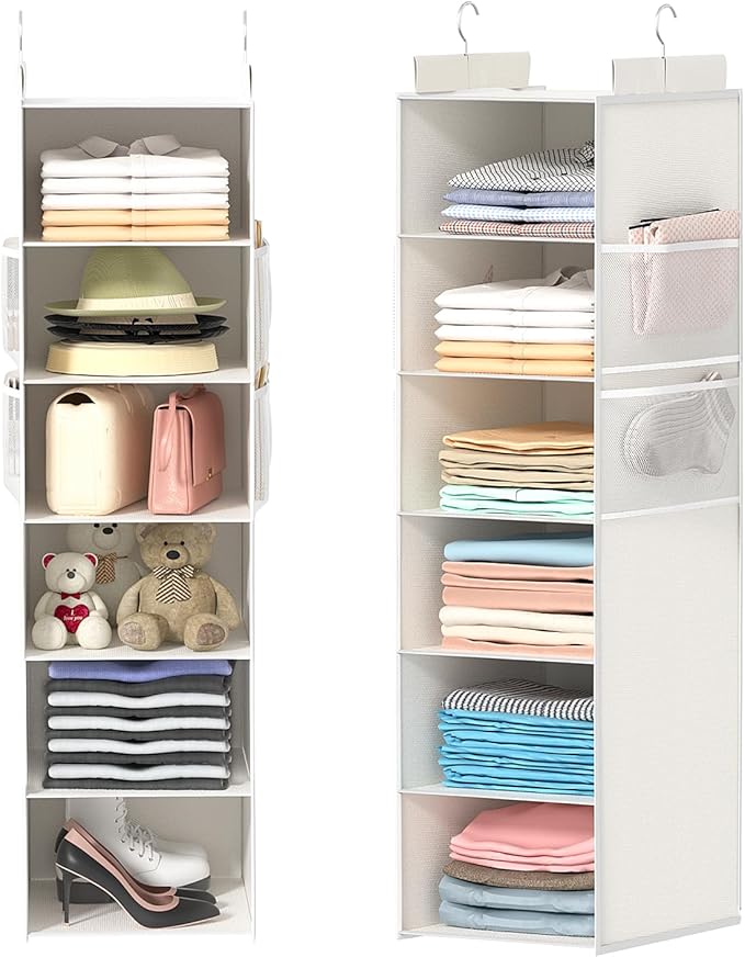 Extra Deep Hanging Closet Organizer with Shelves and Oversized Mesh Pockets, Heavy-Duty Structure, No Deformation, Max Storage for Clothes, Shoes, Hats, Dorms and RVs,1-Pack (White, 6 Tier)
