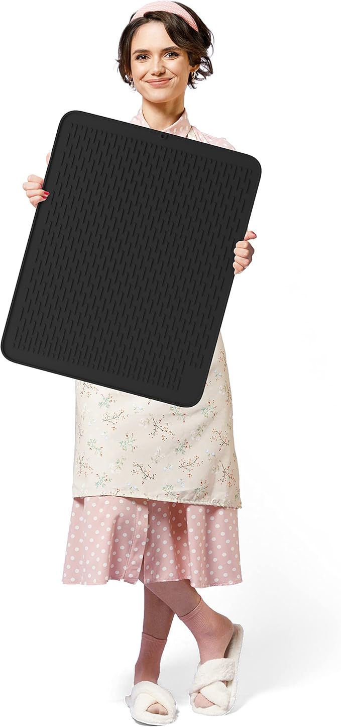 Extra Large (30 inch by 24 inch) heavy duty silicone dish drying mat for kitchen counters by MonsterMat (Black, XL - 30"x24")
