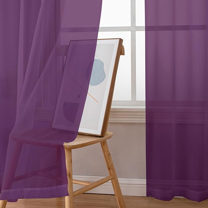 Chyhomenyc Plum Sheer Curtains 63 Inch Length 2 Panels, Rod Pocket Solid Window Sheer Curtain Panels, Elegant Curtains & Drapes for Living Room Bedroom 2 Panels (Plum, 42 W x 63 L)