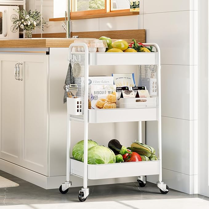 TOOLF 3 Tier Rolling Cart Storage Organizer, Metal Rolling Utility Cart with Wheels, Hooks & Bins Esthetician Craft Art Sturdy Storage with Pegboard for Bathroom, Kitchen, Office, Nursery Diaper