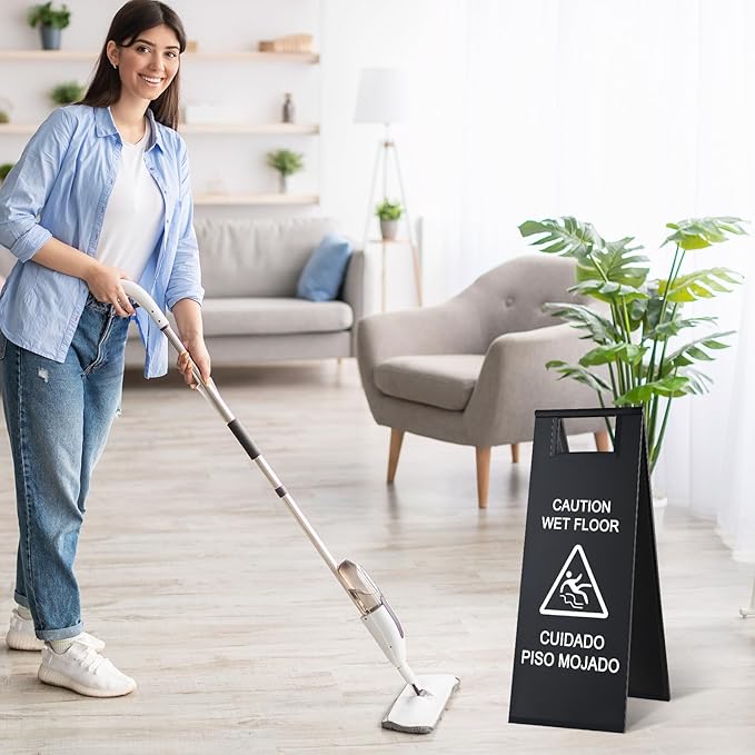 LEIFIDE 4 Pcs Stainless Steel Wet Floor Caution Sign Bulk 8.8 Pound Portable Foldable Handle Bilingual Safety Sign for Kitchen Restaurant Shop Commercial Use Avoid Fall and Slip Accident (Black)