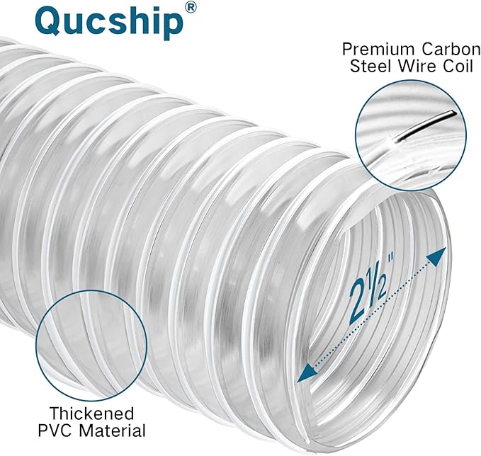 Qucship PVC Dust Collection Hose 2 1/2" x 20' - Heavy PVC Fume Collection Hose for Workshop, Woodworking, Dust Collection Systems