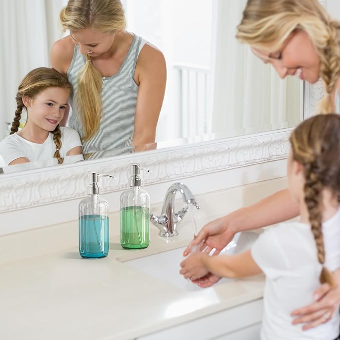 AmazerBath Soap Dispenser, 2 Pack Glass Soap Dispenser with Pump Stainless Steel, 17 Oz Hand Soap Bottles Bathroom Kitchen, Clear
