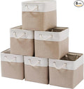 Mangata Canvas Storage Boxes, 13 Inch Cube Storage Bins Set of 6, Fabric Baskets with Cotton Rope Handle for Organizing Clothes Nursery Home (Khaki/White)