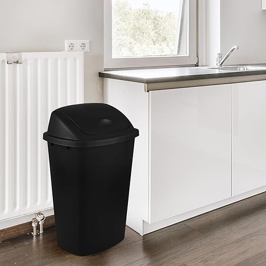 13 Gallon Swing Top Lid Garbage Cans, Large Plastic Kitchen Trash Can Set of 4, Black