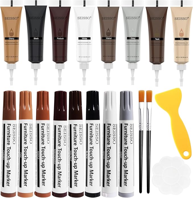 Wood Furniture Repair Kit- 8 Colors Wood Fillers and Touch Up Markers, New Upgrade Wood Repair Kit, Wood Markers for Scratches Stains- Restore Wooden Table, Cabinet, Floors, Door, 20 Sets