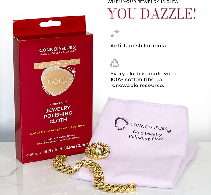 CONNOISSEURS Premium Edition Extra Large Polishing Cloth for Gold Jewelry - Ultrasoft Fabric with Anti-Tarnish Formula - 14x14 Inches