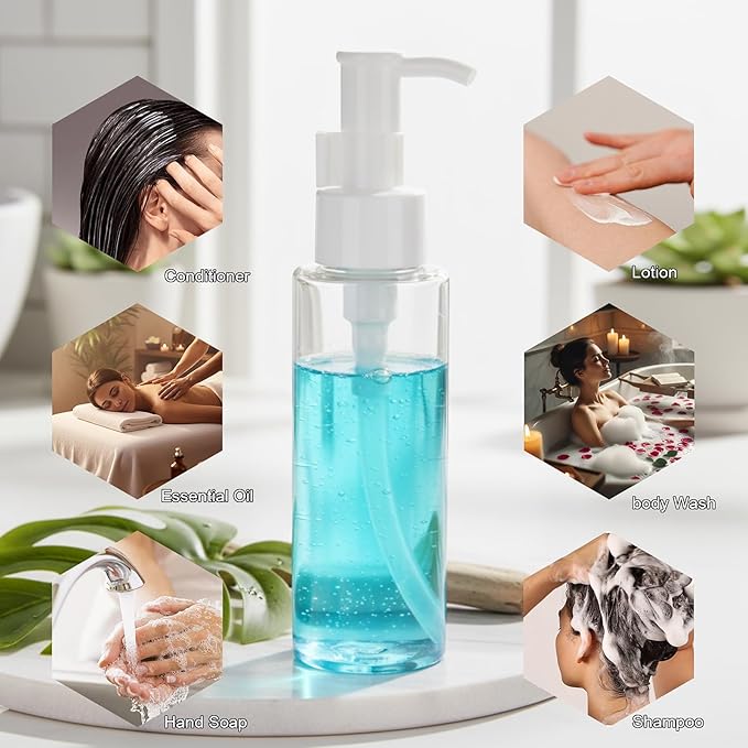 5 Pack 3.4 Oz/100ml Travel Pump Bottle TSA Approved Empty Plastic Pump Bottles Dispenser Portable Refillable Container Clear Lotion Dispenser Bottle for Shampoo Shower Gel