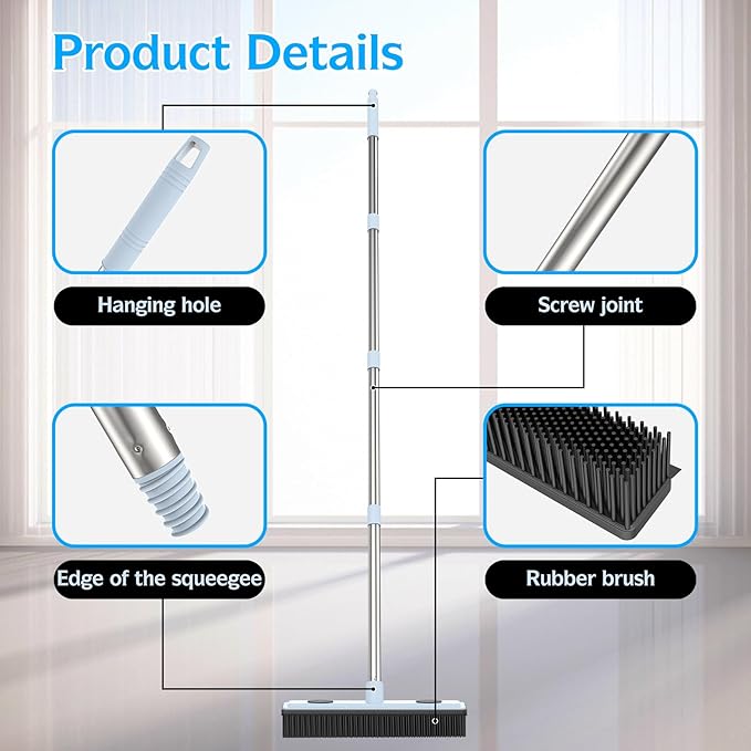 Rubber Broom Carpet Rake for Pet Hair Removal, Fur Remover Broom with 59" Adjustable Handle, Portable Detailing Lint Remover Brush, Soft Push Broom with Squeegee for Carpet, Hardwood Floor, Tile