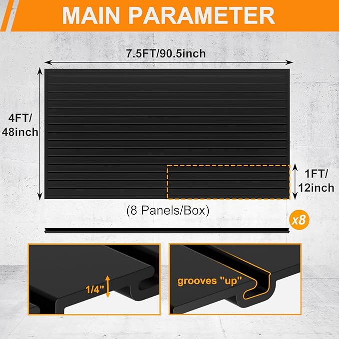 DoCred Slatwall Paneling Organizer, 4x7.5 FT PVC Garage Slat Wall Storage Systems, Heavy Duty Mounted Slat Peg Board for Tool Organization Ladder Bike Includes 20 PCS Hooks Accessories Kit (Black)