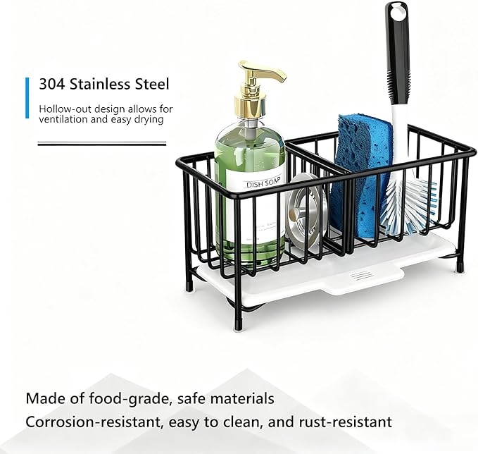 Kavciva Sink Caddy Sponge Holder,304 Stainless Steel Dish Brush Holder,Kitchen Countertop Sink Rack,Dish Soap Holder,Dishwashing Tool Drying Tray with Adjustable Partitions,Essential Kitchen Shelves