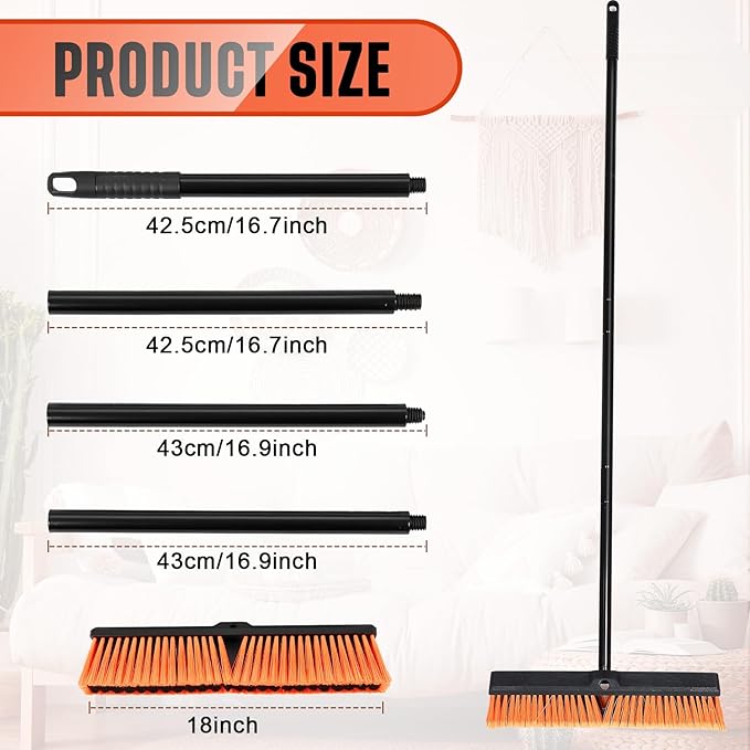 Zhehao 6 Pack 18 Inches Push Broom Outdoor, Multi Surface Garden Brush Broom with Adjustable 63" Long Handle for Deck, Driveway, Patio, Warehouse, Garage, Yard, Concrete Floor Cleaning (Orange)