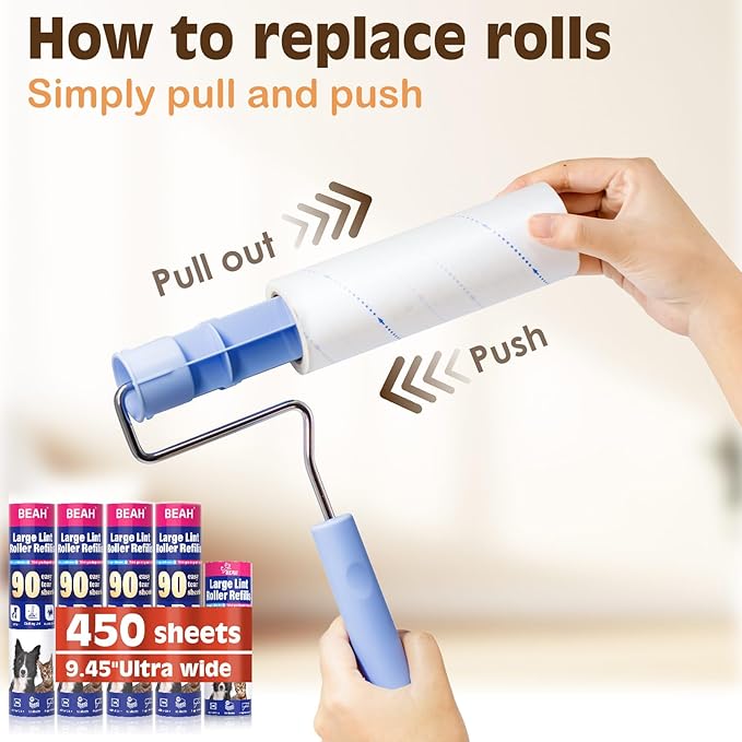 Large Lint Rollers for Pet Hair Extra Sticky,9.45''/6.3"Pet Hair Removal Tool Roller for Dog Cat Hair,450 Sheets/5 Refills,Detachable Telescoping Extension Lint Remover Brush for Clothes,Couch,Carpets