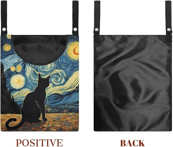 Button Fastening Clothespin Holder 14.5"x12" - Large Access Opening with Durable Binding - Professional Grade Hanging Organizer for Daily Laundry Needs Starry Night Kitten Print