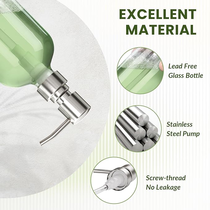 AmazerBath Soap Dispenser, 2 Pack Glass Soap Dispenser with Pump Stainless Steel, 17 Oz Hand Soap Bottles Bathroom Kitchen, Clear
