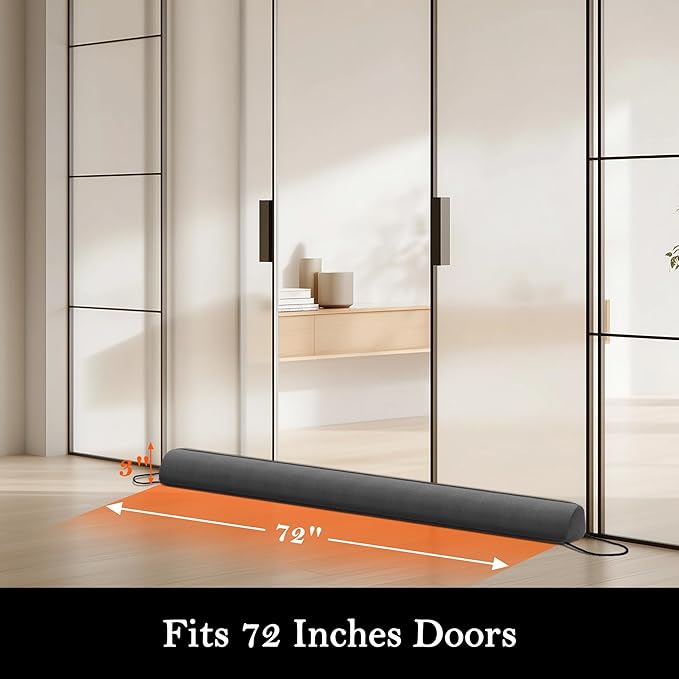 Sunolga 72" Door Draft Stopper Blocks Hot and Cold Air with Removable Washable Cover for Gaps Up to 3", All-Season Seal for Noise, Wind, Under Door Sweep for Bottom of Door, Home Essentials, Gray