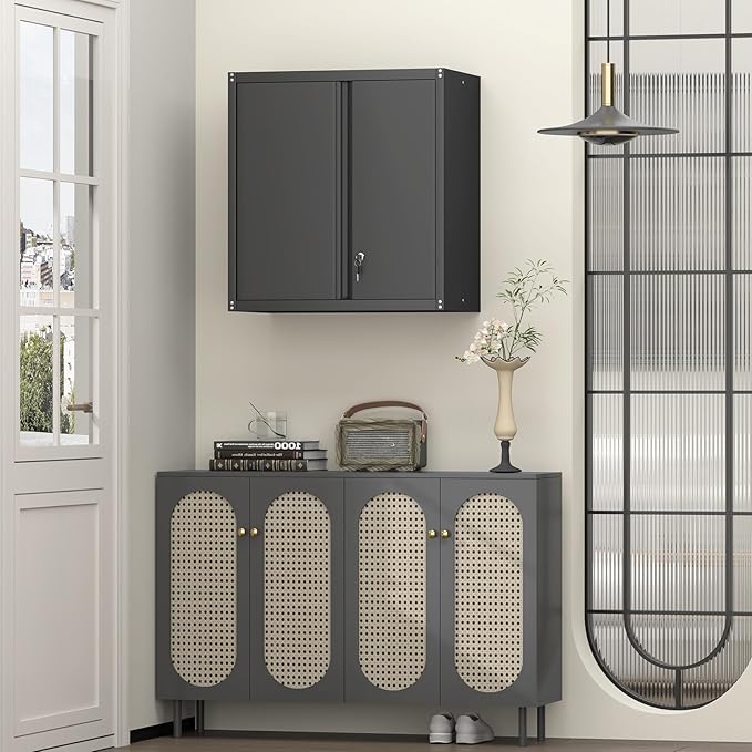 Steel Wall Cabinet, Metal Locking Wall Cabinet, Wall Hanging Metal Cabinet for Garage Tool Storage, Wall Mount Tool Cabinet for Garage, Laundry Room, Pantry, Black