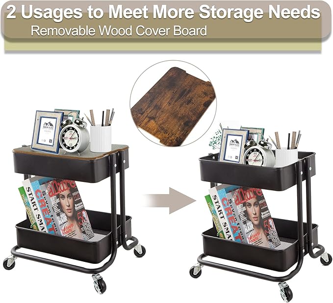 Melody House 2-Tier Metal Utility Rolling Cart Storage Organizer with Cover Board Mobile Trolley Sofa Side Table with Wheels for Office Home Kitchen Organization Black