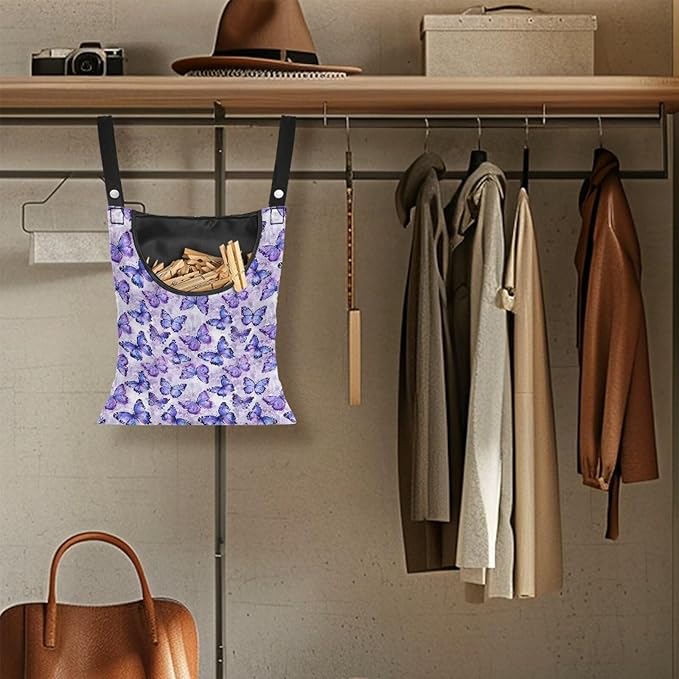 Butterfly Purple Clothespin Bag for Clothesline Outdoor, Soft & Lightweight Hanging Bag for Laundry, Clothes Pins Bag Holder Outdoor, Clothes Pin Bag for Outside