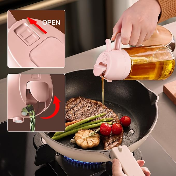 YARRAMATE 16oz/470ml Glass Olive Oil Sprayer for Cooking with Stickers, 2 in 1 Oil Dispenser for Kitchen Gadgets, Food Grade Premium Spray Bottle for Salad, Frying, BBQ (PeachPink)
