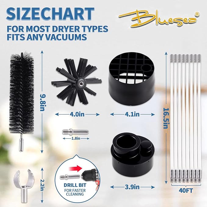 Bluesea 7 Pieces 40 Feet Dryer Vent Cleaner Kit, Reinforced Nylon Dryer Vent Cleaning Kit, Durable Dryer Vent Brush Vacuum Attachment with Flexible Lint Trap Brush, Vacuum & Dryer Adapters Upgrade