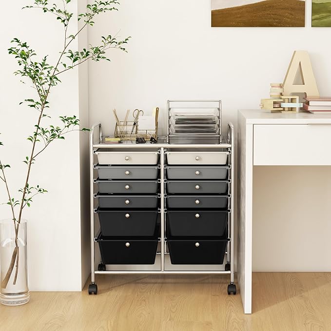 GOFLAME 12-Drawer Rolling Storage Cart, Multipurpose Organizer Cart with 2 Sizes Plastic Drawers, Mobile Utility Cart with Lockable Casters for School, Home Office, Beauty Salon, Gradient Grey