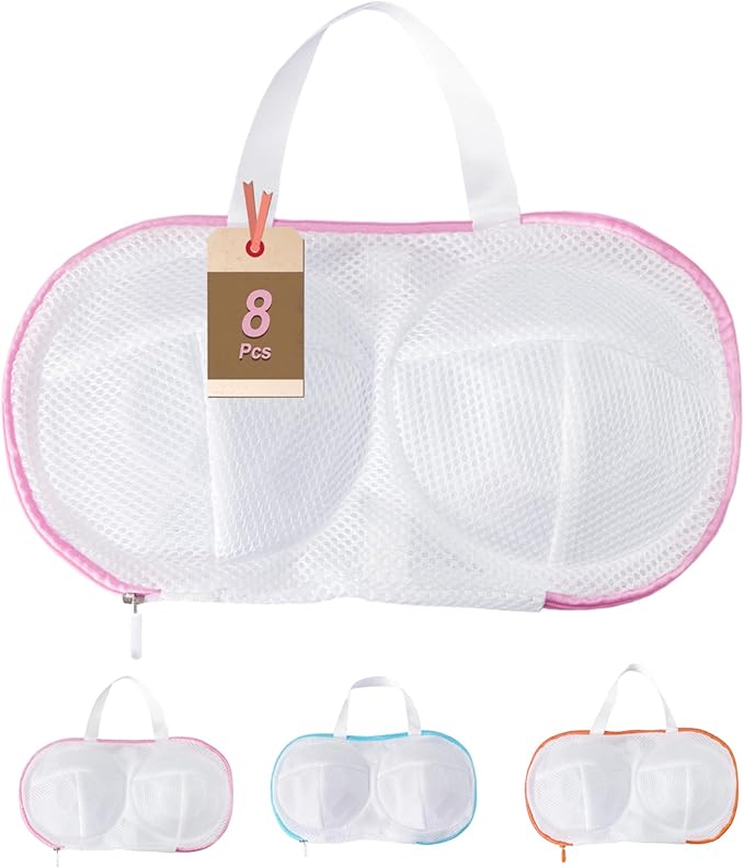 8 Pcs Bra Wash Bags for Laundry - Lingerie Mesh Bag Set Underwear Brassiere for Washing Machine With Zipper for Women Delicates Pink (32A-36C Cup)