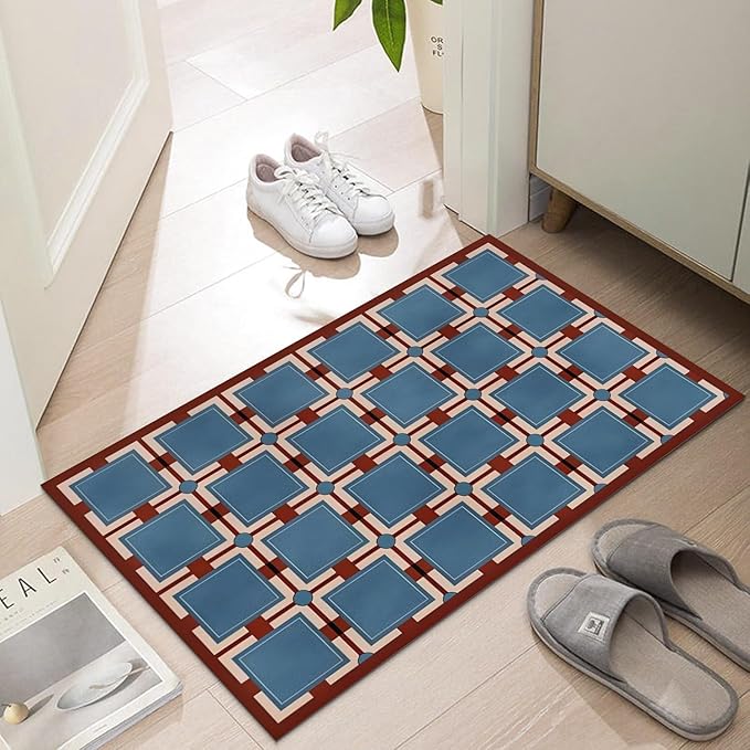 Ultra Thin Door Mat Indoor Entrance, 1/10 in Thin Door Mats for Inside Entry, Non-Slip Rubber Backing Washable Doormat, Fade Resistant, Absorbent, Low Profile Dirt Trapper, 30"X17",Navy blue Checkered