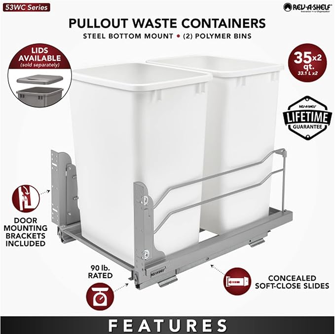 Rev-A-Shelf Double Trash Can Under Kitchen Cabinets Pullout, 35 Quart 8.75 Gallon with Soft-Close Slides, White, 53WC-1835SCDM-211